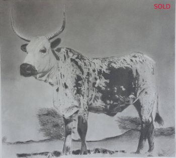 Charcoal drawing of a Highland cow with long curved horns standing in a misty field