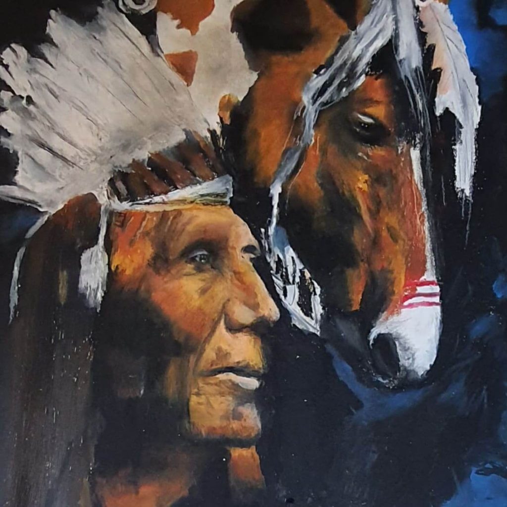 Painting of a Native American elder in a feathered headdress beside a brown horse with a white blaze.